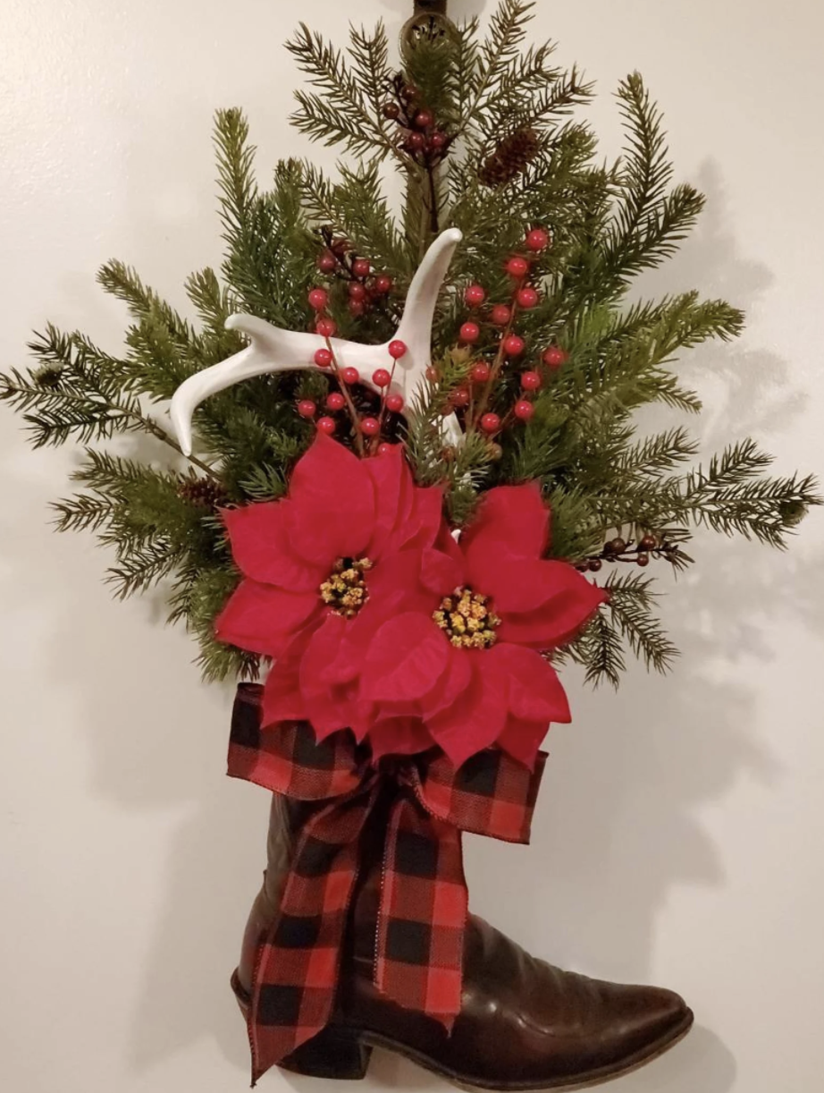 Buffalo plaid cowboy boot poinsettia arrangement