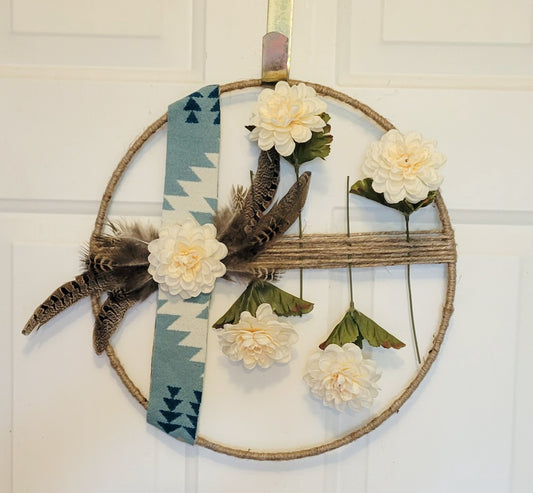 Aqua Dahlia and Feather hoop wreath